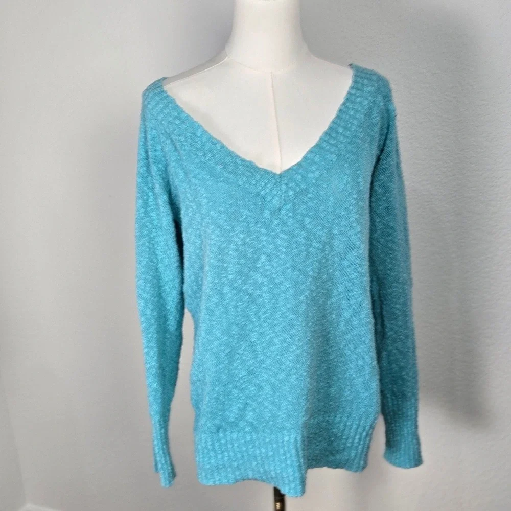 Vintage Y2K Old Navy‎ Aqua Chunky Knit Wide V Neck Sweater Cotton Women M Bella